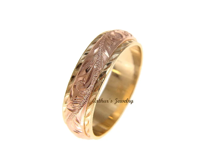 14K YELLOW ROSE GOLD HAND ENGRAVED HAWAIIAN PLUMERIA SCROLL 4MM/6MM DOUBLE RING SIZE 2 TO 14