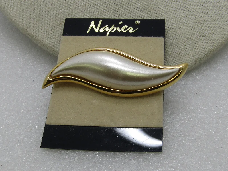 Vintage Napier Faux Pearl Brooch, Curved/Pointed, 2.75", Gold Tone, 1980's