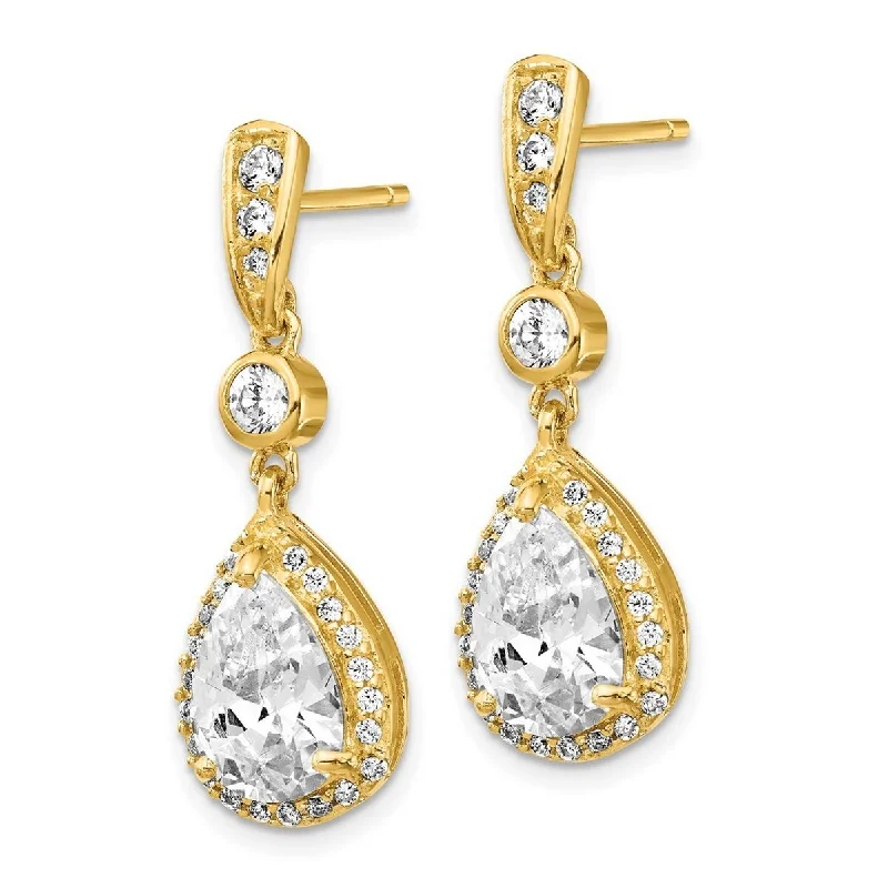 Curata Gold Plated 925 Sterling Silver 27x9mm Pear CZ Cubic Zirconia Dangle Post Earrings