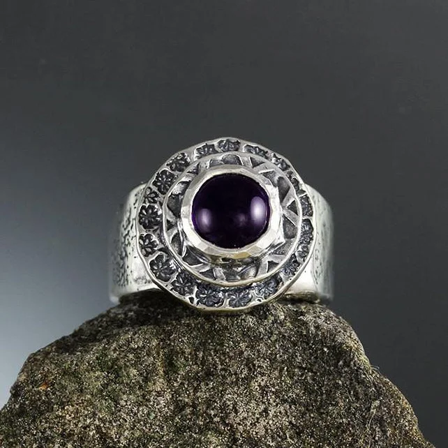 Amethyst in Double Textured Bezel Ring