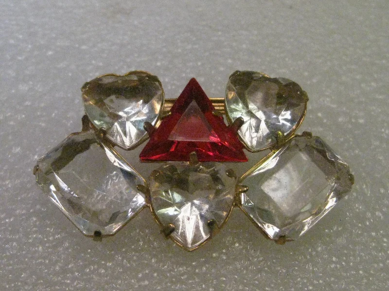 Vintage Brooch, Clear & Red Heart, Triangular/Rectangular  Stones - 1980's.  Gold tone