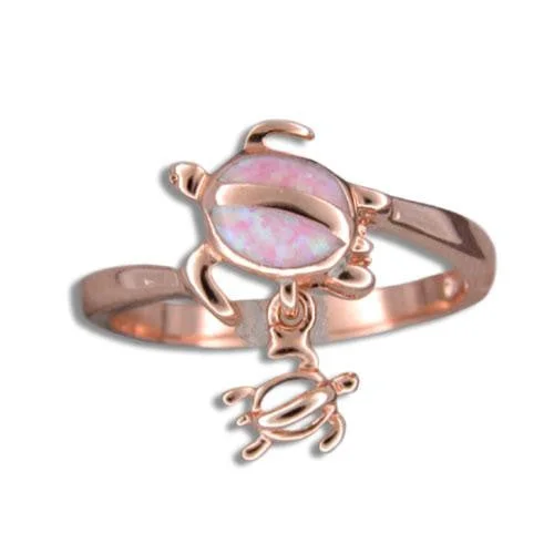 PINK ROSE GOLD INLAY PINK OPAL HAWAIIAN HONU TURTLE DANGLE BABY RING SIZE 4 - 9