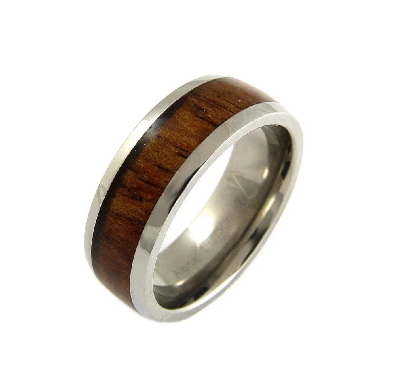 GENUINE INLAY HAWAIIAN KOA WOOD BAND RING TITANIUM COMFORT FIT 8MM SIZE 6 -14