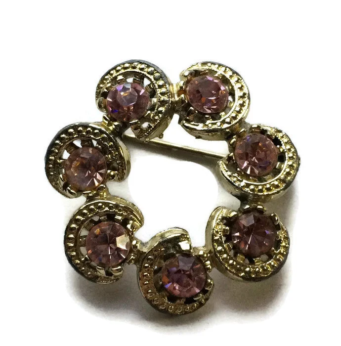 Sparkling Pink Rhinestone Crescent Moon Ring Brooch circa 1960s