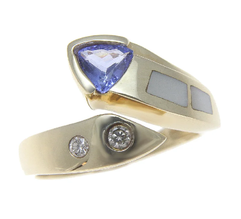 0.45CT GENUINE TRILLION TANZANITE MOTHER OF PEARL DIAMOND RING HEAVY 14K GOLD