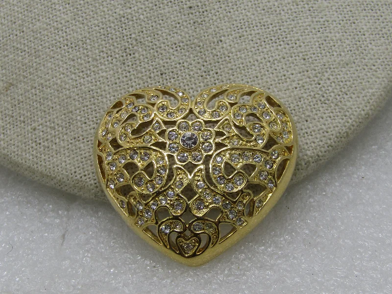 Vintage Napier Rhinestone Heart Brooch, Gold Tone, 1.75" 1980's-1990s