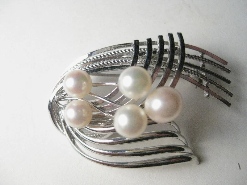 Vintage SIlvertone Modern Brooch With Fauxd Pearls - NICE