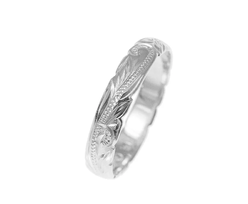 14K WHITE GOLD CUSTOM HAND ENGRAVED HAWAIIAN PRINCESS PLUMERIA SCROLL CUT OUT EDGE BAND RING 4MM