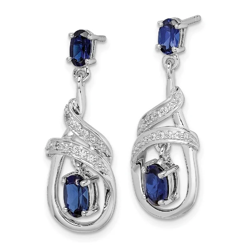 Curata 925 Sterling Silver 29x11mm Blue Sapphire and CZ Cubic Zirconia Dangle Post Earrings