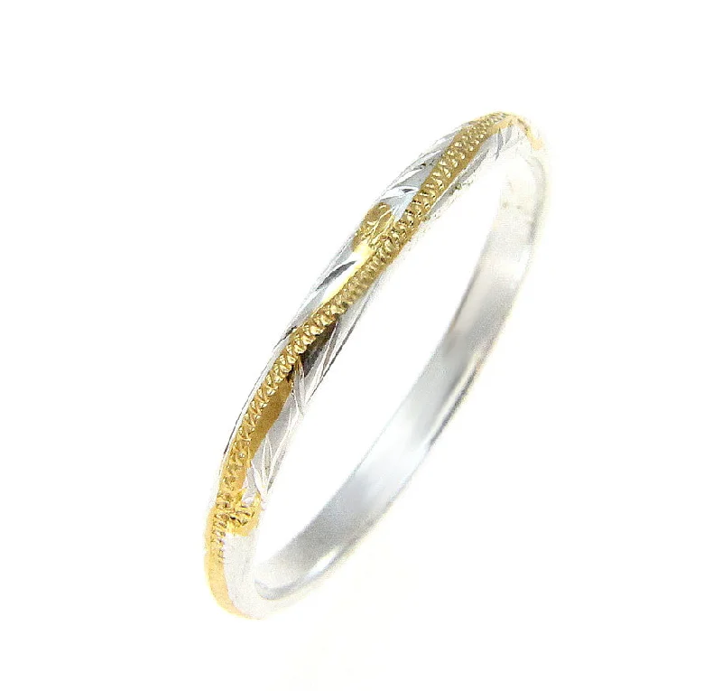 925 Silver 2 Tone Yellow Gold 2mm Hawaiian Scroll Hand Engraved Ring Band