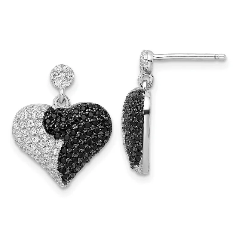 Curata 925 Sterling Silver 19x15mm Black CZ Cubic Zirconia Dangling Heart Dangle Post Earrings