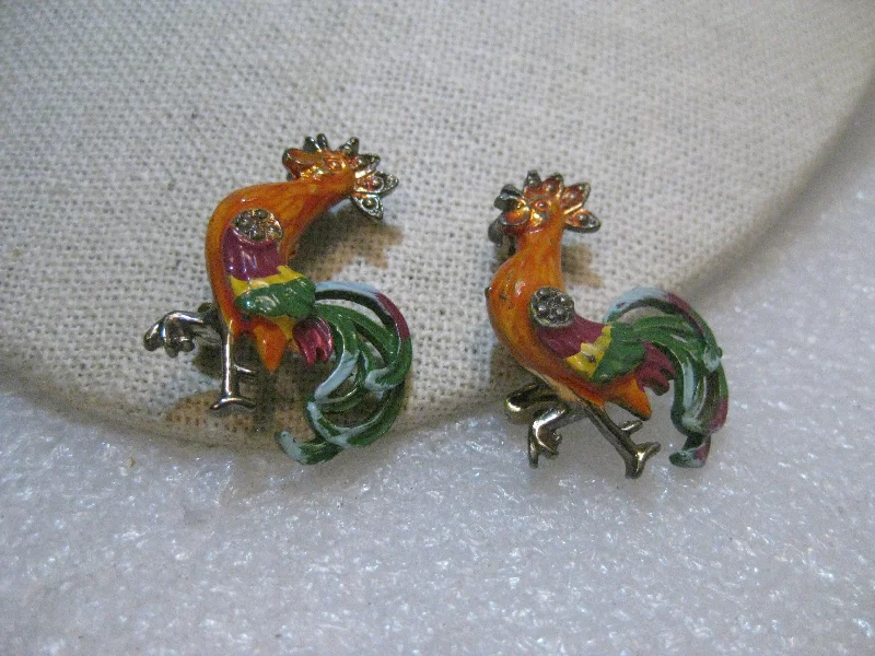 Vintage Pair Enameled Rooster Brooches, 1950's, 1.25"