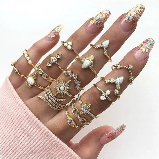 Crystal Stone Geometric Inlaid Gold 17 Piece Midi Rings Set