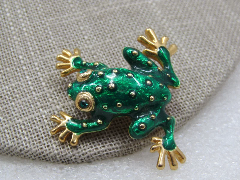 Vintage Enameled  Green Frog Brooch, Rhinestone Eyes. 1.25" tall and 1.5"