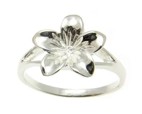 STERLING SILVER 925 HIGH POLISH SHINY HAWAIIAN SINGLE PLUMERIA FLOWER RING 13MM