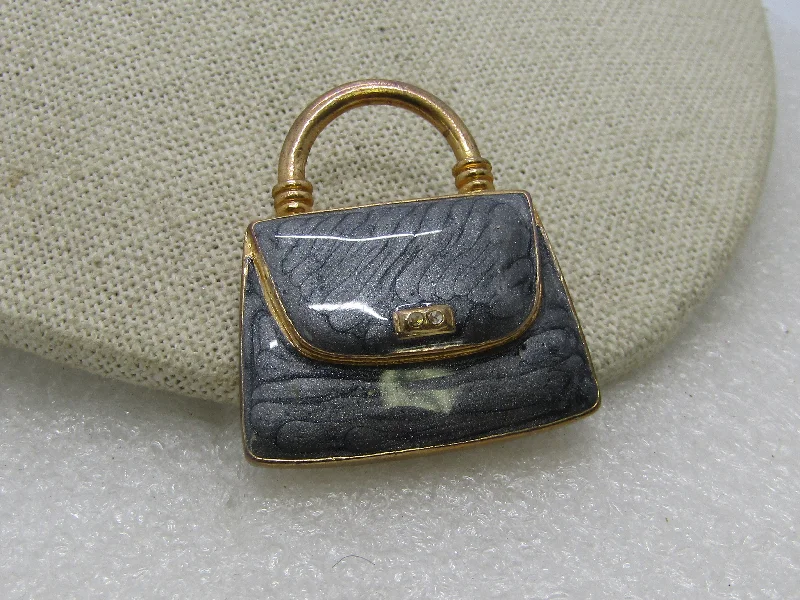 Vintage Gray Enameled Purse Brooch, 1980's, Gold Tone, 1-3.8" wide