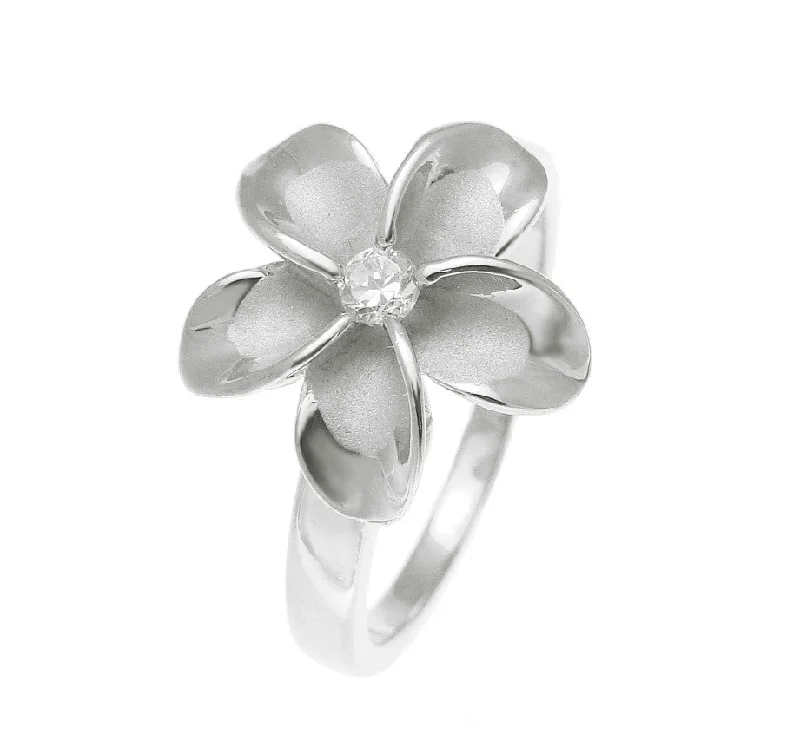 STERLING SILVER 925 HAWAIIAN SINGLE PLUMERIA FLOWER RING 15MM CZ RHODIUM