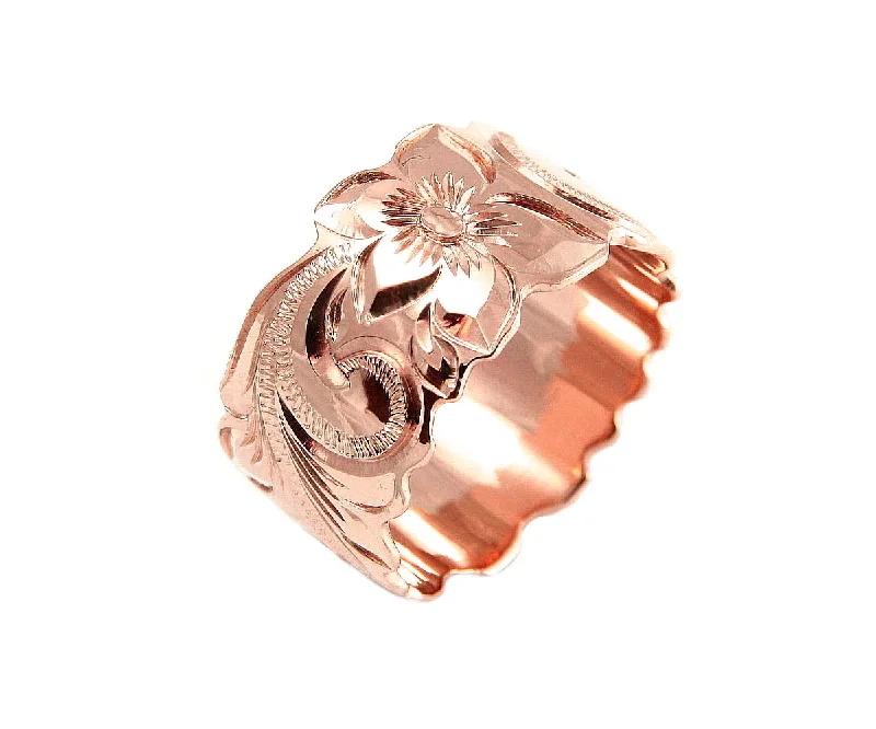 14K ROSE GOLD HAND ENGRAVED HAWAIIAN PLUMERIA SCROLL BAND RING CUT OUT 10MM