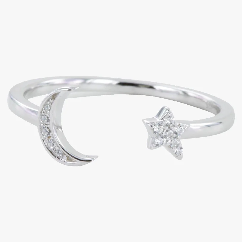 Sterling Silver Moon and Star PavÃ© Ring