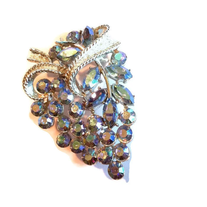 Smokey Blue Crystal Grape Cluster Brooch circa 1950s