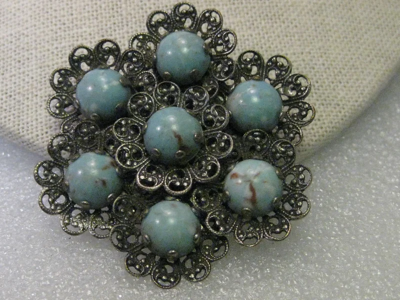 Vintage Brooch, Silver tone Filigree Blue Stone Art Deco Blossom Shaped, 2.25"