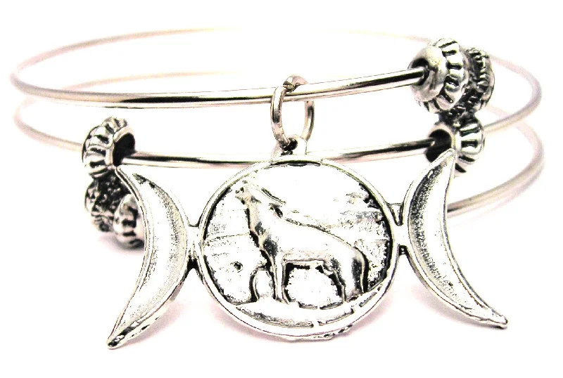 Wolf In Triple Moon Triple Style Expandable Bangle Bracelet