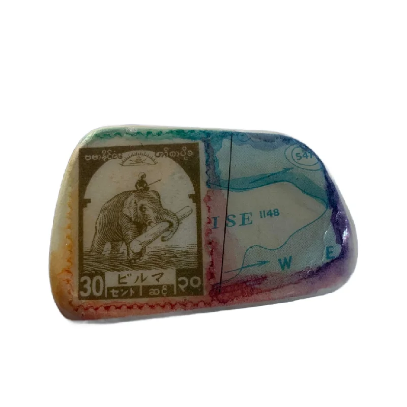 Elephant Stamp Collage Art Brooch circa 1980s