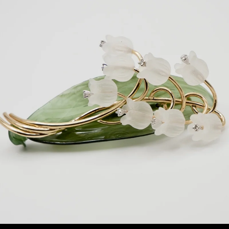 Rock Crystal, Diamond, Nephrite and 18K Gold Lily of the Valley Brooch