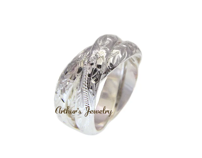 STERLING SILVER 925 3 IN 1 HAWAIIAN ENGRAVED PLUMERIA SCROLL MAILE LEAF RING