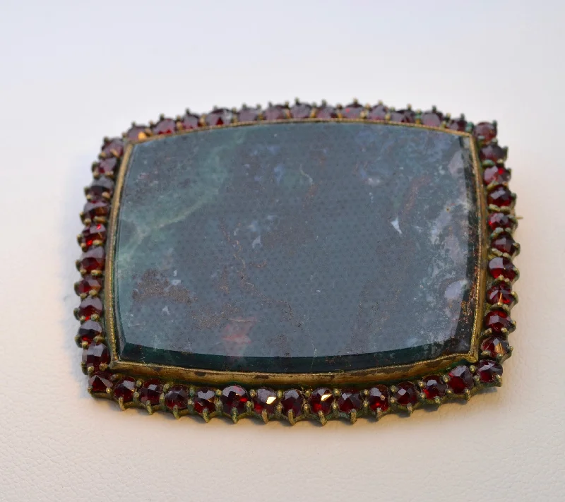 Large Bohemian Garnet Brooch with deep green Moss Agate