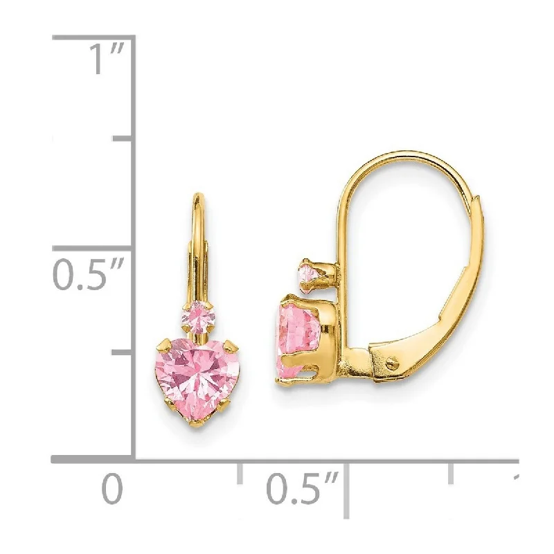 Curata 14k Yellow Gold 15x5mm Pink CZ Cubic Zirconia Heart Leverback Earrings