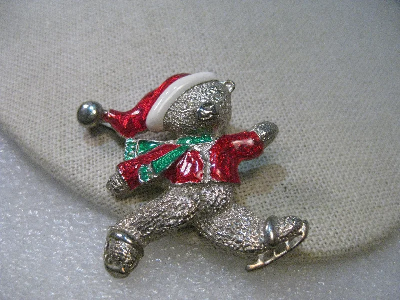 Vintage Silver Tone Enameled Christmas Skating Bear Brooch, signed Gio