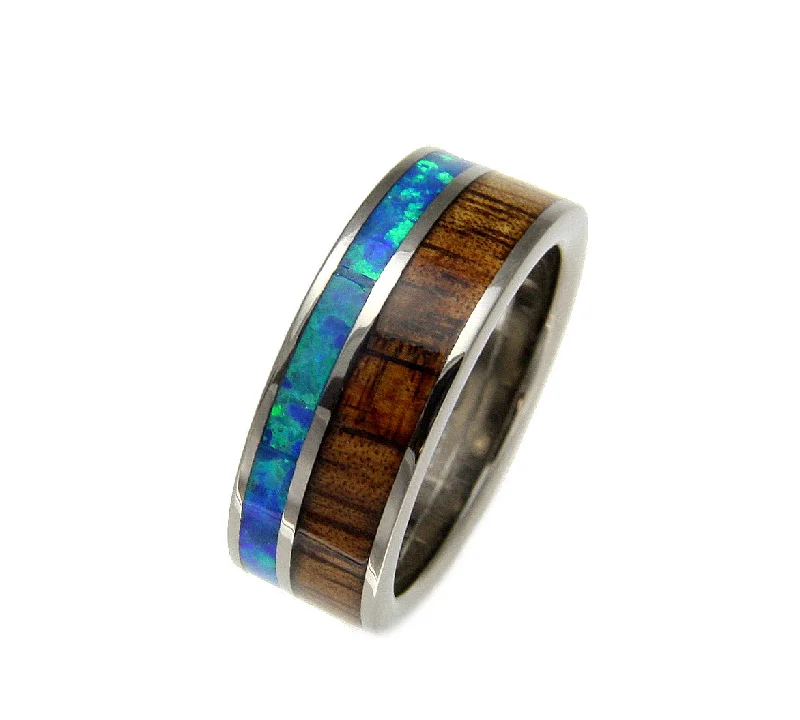 GENUINE INLAY HAWAIIAN KOA WOOD OPAL WEDDING BAND RING TITANIUM 8MM SIZE 8-14