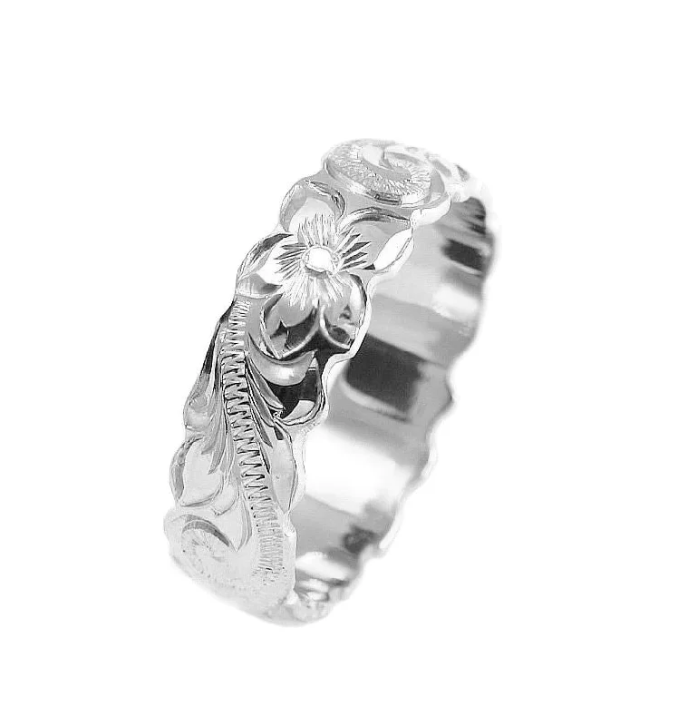 14K WHITE GOLD HAND ENGRAVED HAWAIIAN PLUMERIA SCROLL BAND RING CUT OUT 6MM