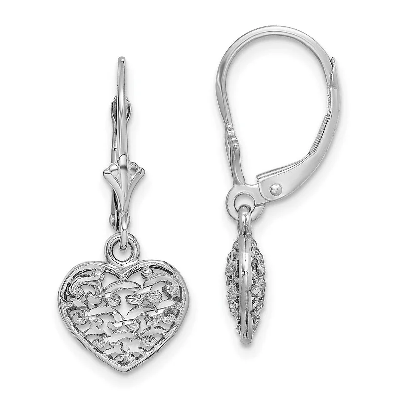 Curata 14k White Gold 25.8x10.7mm Textured Puffed Heart Leverback Earrings