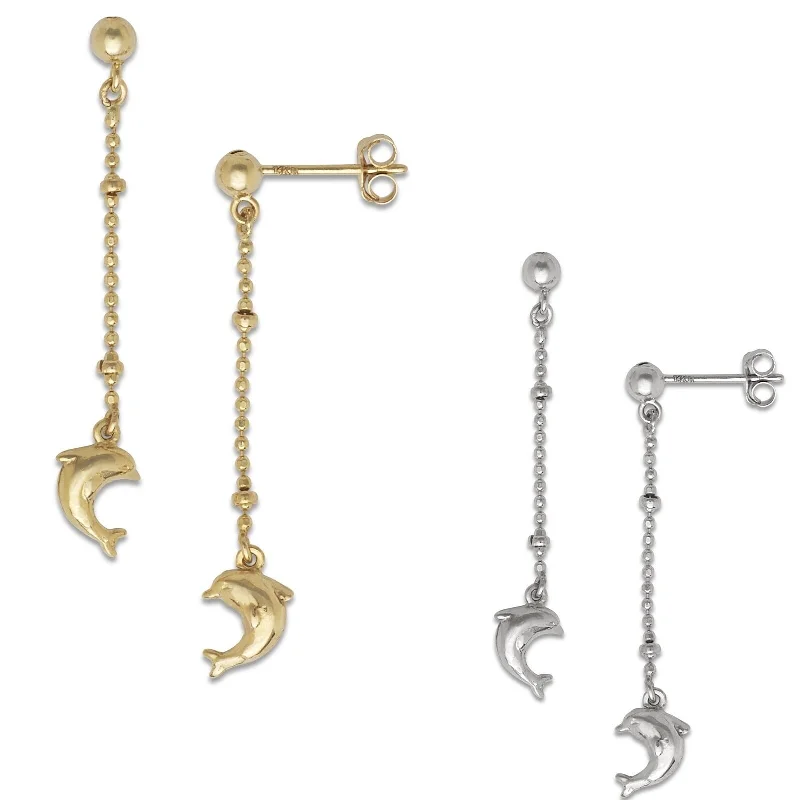 Curata 14k Gold Dangling Beaded Chain Dolphin Earrings