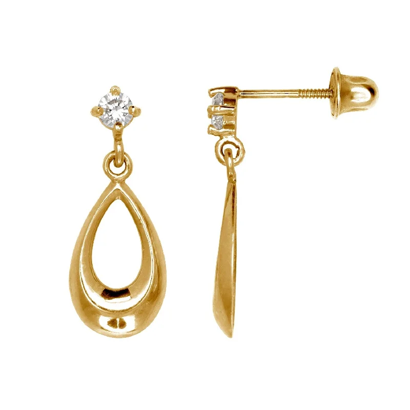 Curata 14k Gold Round Cubic Zirconia Hanging Teardrop Screw Back Stud Earrings