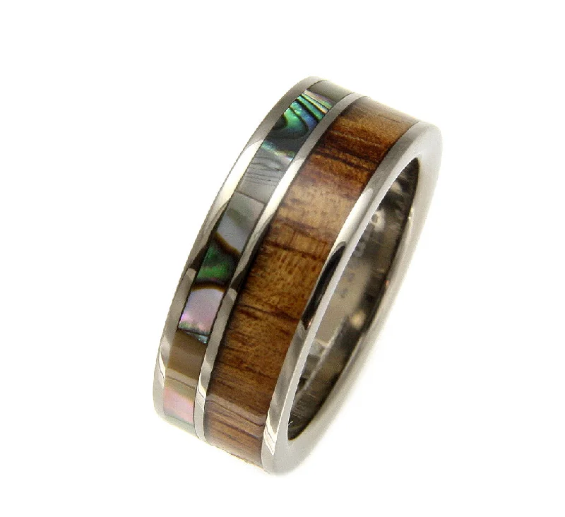 GENUINE INLAY HAWAIIAN KOA WOOD ABALONE WEDDING BAND RING TITANIUM 8MM SIZE 8-12