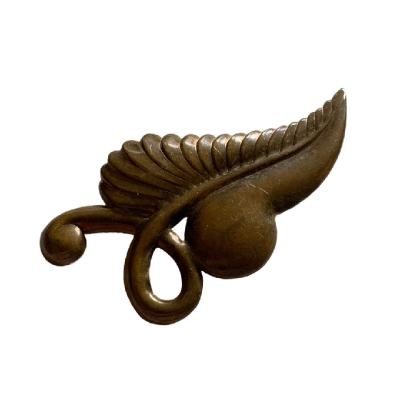 Bronze Tone Metal Curved Leaf Brooch circa 1940s