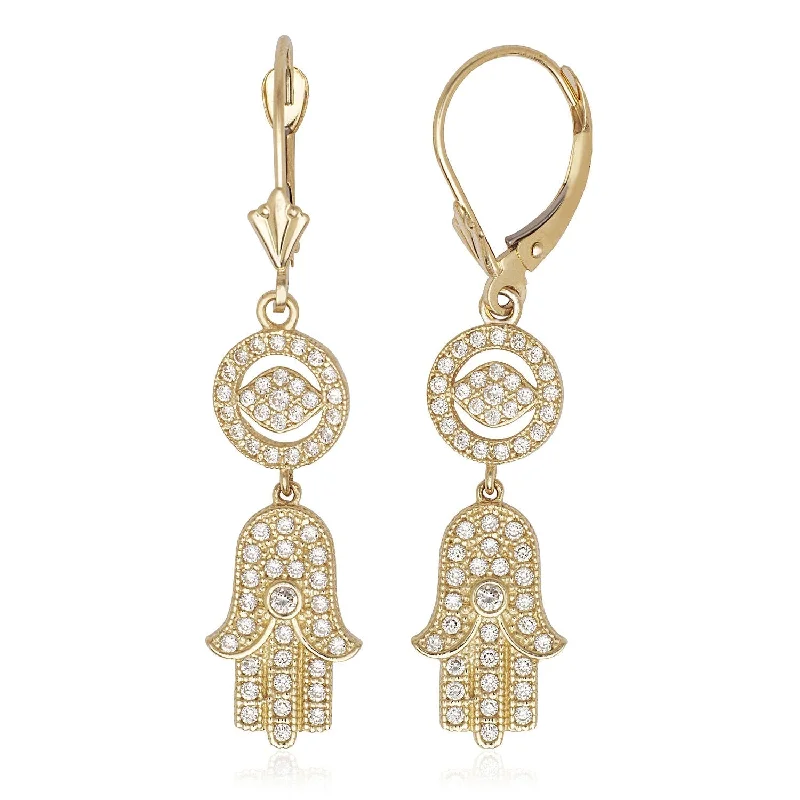 Curata 14K Gold Cubic Zirconia Hamsa Evil Eye Drop Dangling Leverback Earrings