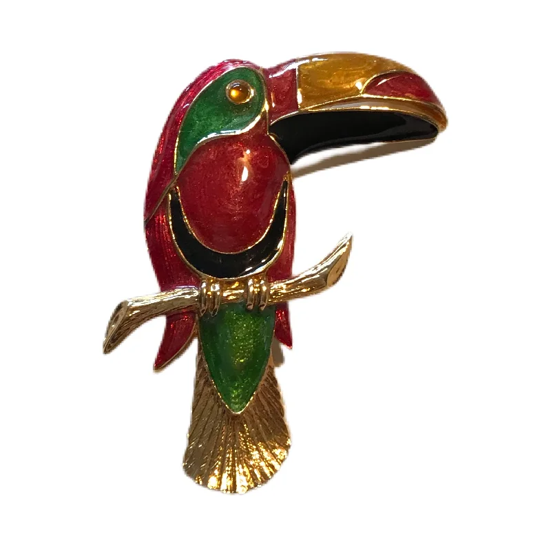 Huge Red and Green Enameled Toucan Brooch circa 1970s