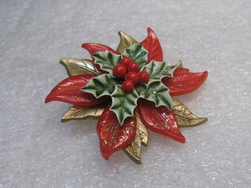 Vintage Poinsettia Christmas Brooch, Layered, 1960's, 2" Spins, Red, Green, Gold