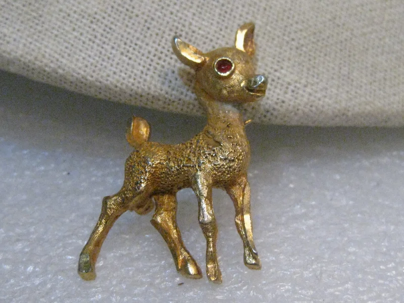 Vintage Reindeer Brooch, BSK, Rhinestone Eye, Gold Tone 1960's,