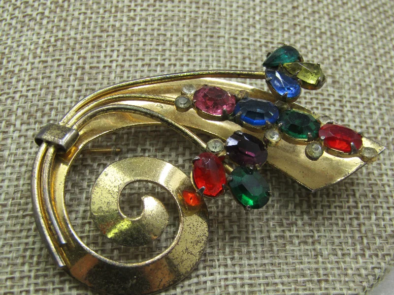 Vintage Coro Pegasus Rhinestone Curved Brooch, Gold Tone, 1940's-1950's