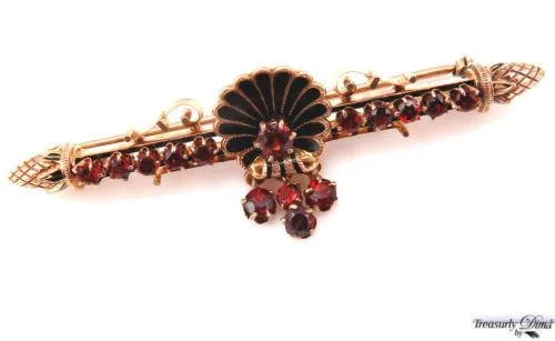 VINTAGE 2.00CT RED GARNET ENAMEL 14K YELLOW GOLD PIN BAR BROOCH