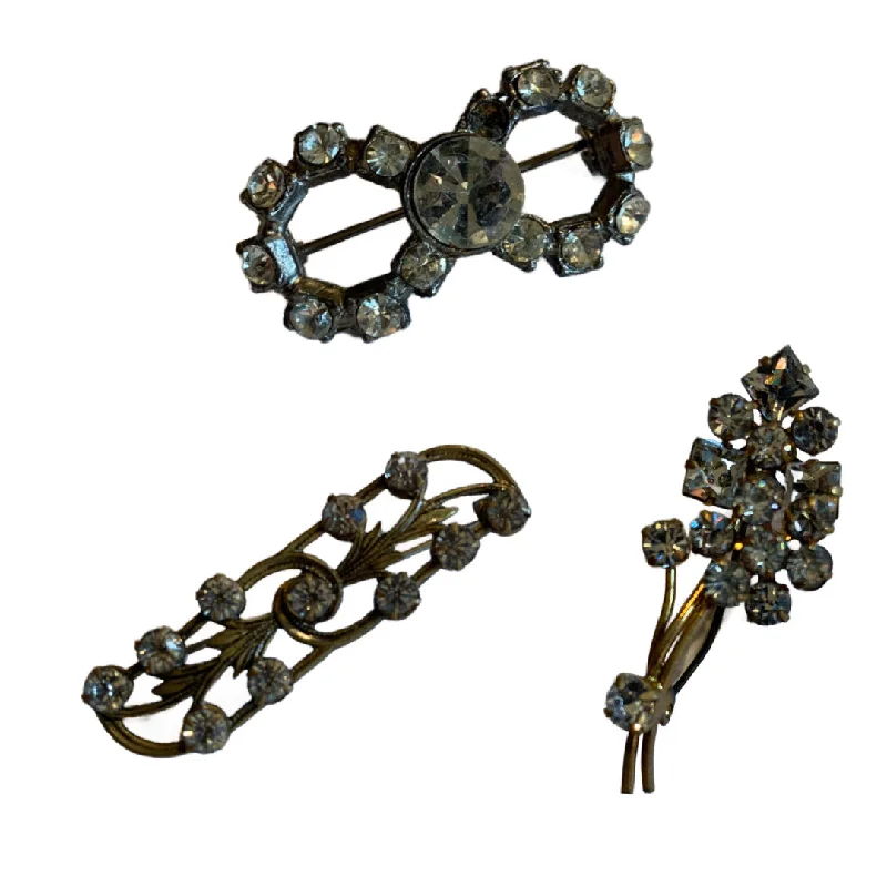 Lot 3 Small Rhinestone Brooches circa 1890s- 1940s