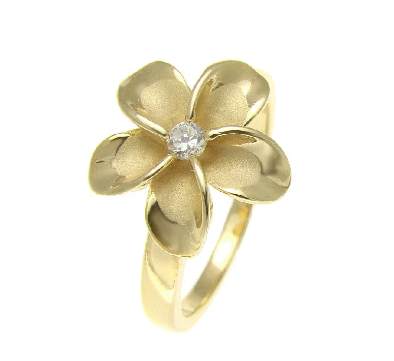 YELLOW GOLD PLATED STERLING SILVER 925 HAWAIIAN PLUMERIA FLOWER RING 15MM CZ