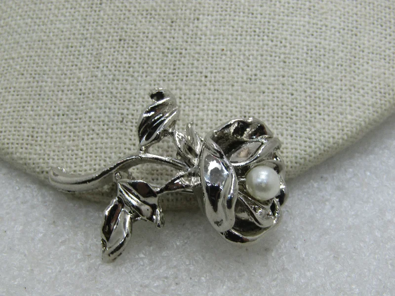 Vintage Rose Brooch with Faux Pearl,  1.75"