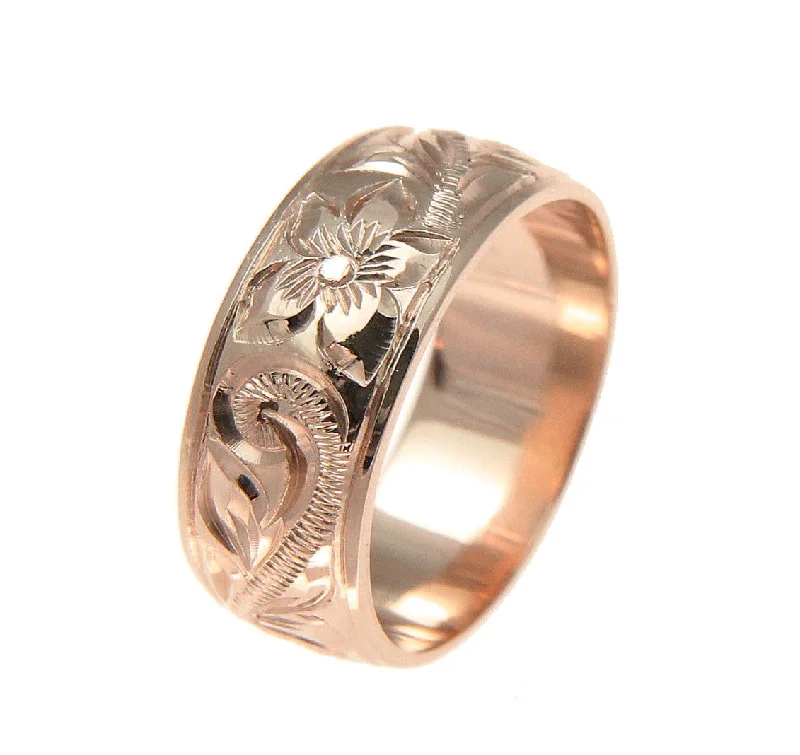 14K ROSE GOLD HAND ENGRAVED HAWAIIAN PLUMERIA SCROLL BAND RING SMOOTH EDGE 8MM