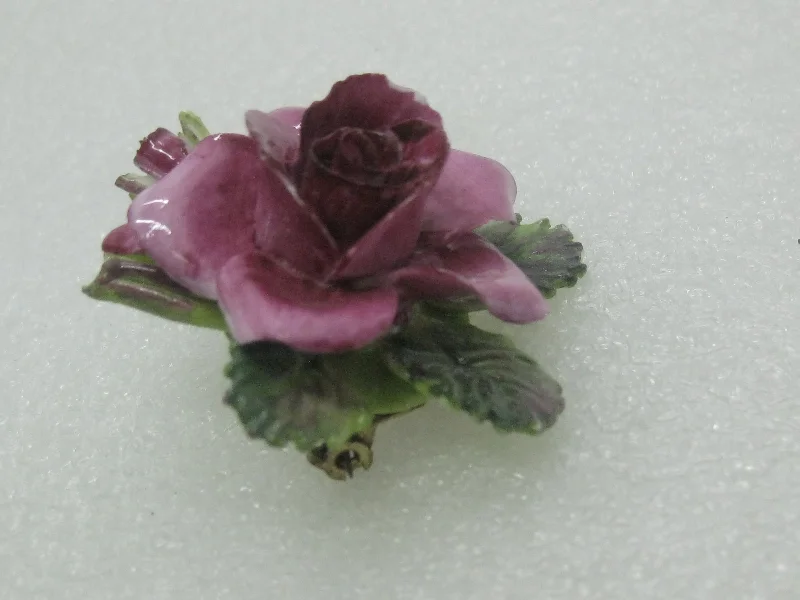 Vintage Crown Porcelain Rose Brooch, Painted, Staffordshire, England, 1.5"